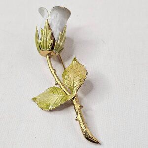 Gold Tone Metal Rose Brooch White Green Long Stem Unmarked Pin